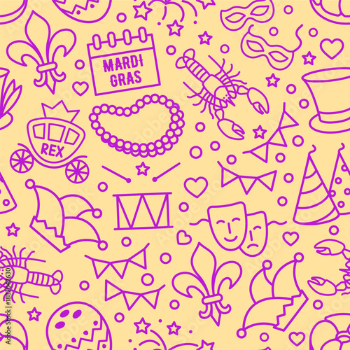 Mardi Gras seamless linear background with traditional carnival symbols beads masks drums hats and fleur motifs. Outline vector illustration for festive designs party decor posters packaging and holid