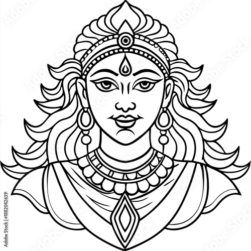 Hindu Goddess Deity Line Art Outline Drawing Art & Illustration