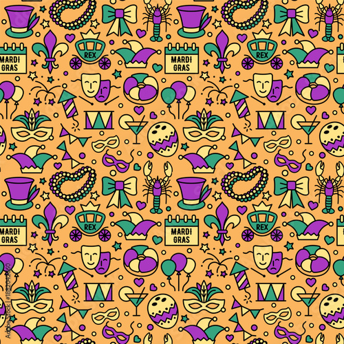Seamless Mardi Gras pattern with colorful carnival symbols beads masks hats drums and festive decorations. Vector background for holiday designs textiles wrapping paper party decor and festive brandin