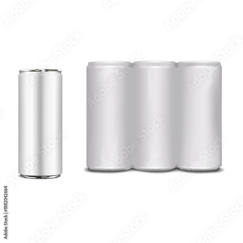 Blank white aluminum can multipack packaging. Realistic vector mockup. Shrink film wrap drink package. Mock-up. Multi-pack plastic sleeve beverage wrapping. Template for design