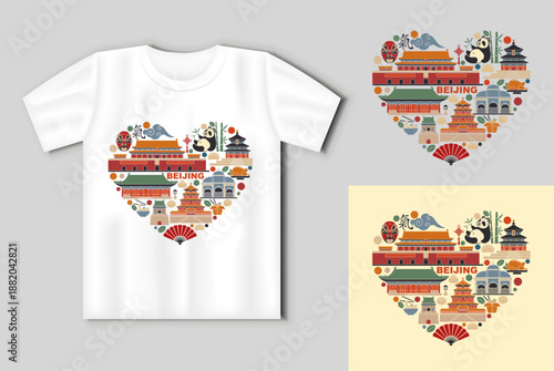 White t shirt mockup with Beijing landmarks and traditional Chinese symbols illustration. Vector design for travel souvenirs print on demand apparel tourism branding cultural promotion and city mercha