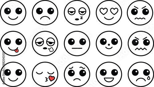 Black and White Emoji Icon Set Featuring Happy Sad Angry Sleepy In Love Crying Neutral and Bored Facial Expressions for Social Media Messaging Design