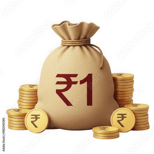 Indian rupee coin and bag isolated on transparent background