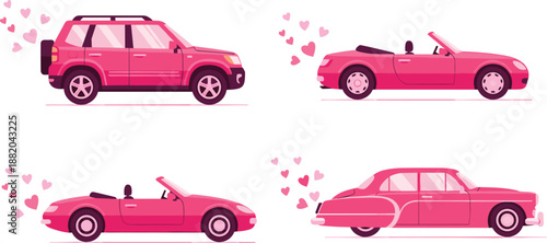 Valentine Day pink car collection with romantic SUV, cabriolet, and vintage classic automobile emitting heart shaped exhaust for February fourteen travel and dates,