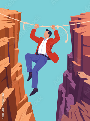 Man in red jacket balancing on rope between two cliffs in a mountainous landscape