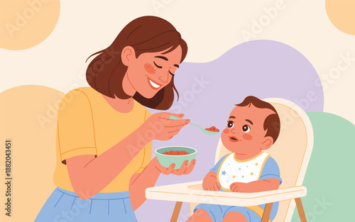 Mother feeding her happy baby with a spoon in a high chair, a tender moment of motherhood and nourishment