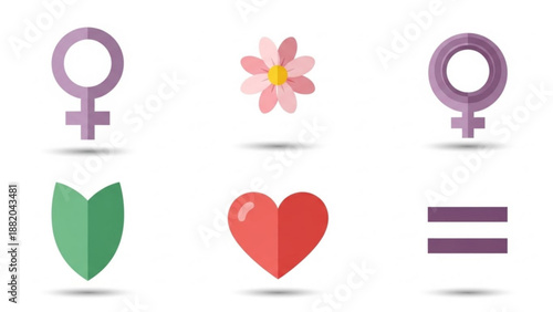 Equality symbols and heart with flower representing love and feminism