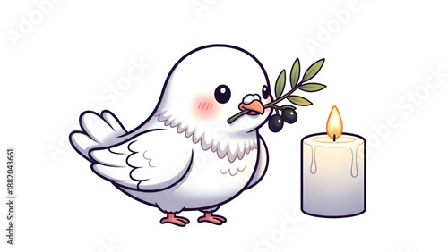 A white dove holds an olive branch near a lit candle peacefully.