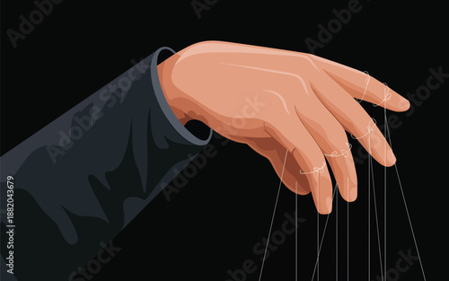 A Manipulated Marionette Hand Controlling Strings Against a Dark Background