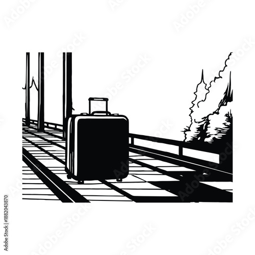 Abandoned suitcase silhouette foggy platform