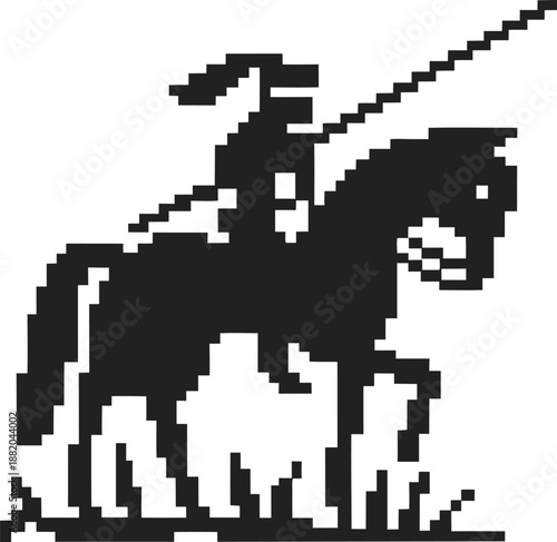 Pixel art medieval knight on horseback with lance, vintage black and white game warrior