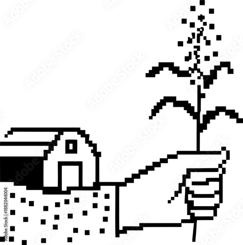 pixel art hand holding a corn plant with barn and soil outline, agricultural farming concept symbolizing crop growth