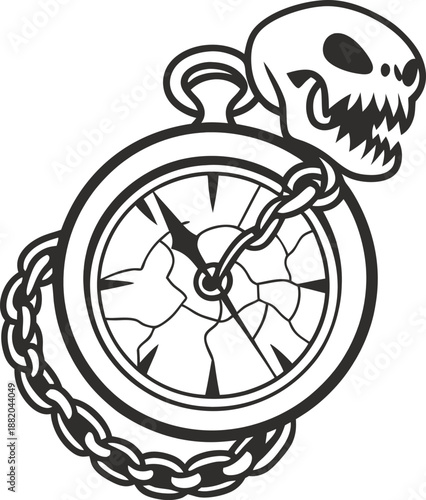 Broken clock with shattered face and skull attached to chain, symbolizing time and mortality