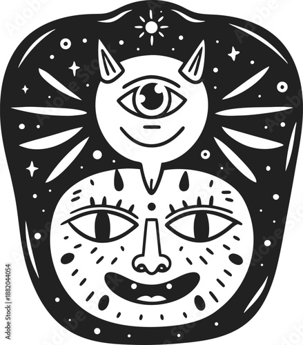 Mystical face with third eye and horned creature, celestial stars and cosmic rays, abstract spiritual symbol and cosmic energy