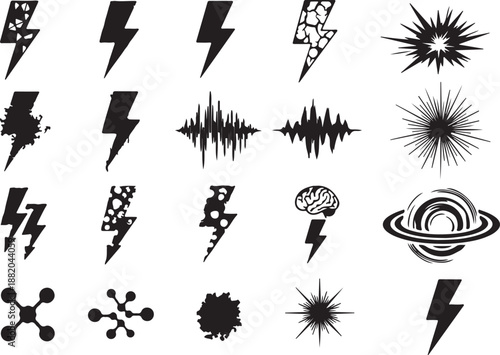 Lightning Bolt and Electric Energy Icon Set. Thunder Flash, Brainstorming, and Sound Wave Vector Symbols.