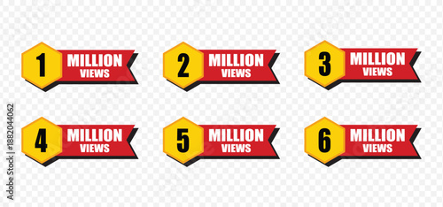 Set of 1 to 6 Million Views Milestone Badges for Social Media Content, Vibrant Red and Yellow Banner Graphics for Video Thumbnails and Marketing Success Labels