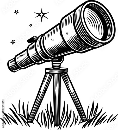 telescope on tripod aimed at stars astronomy equipment for sky observation, stargazing, and space exploration