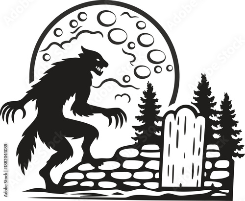 Werewolf howling at full moon near old graveyard with tombstone and pine trees in spooky night scene