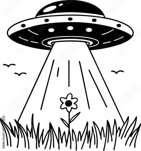 Ufo beam shining down on flower in grassy field with birds flying around