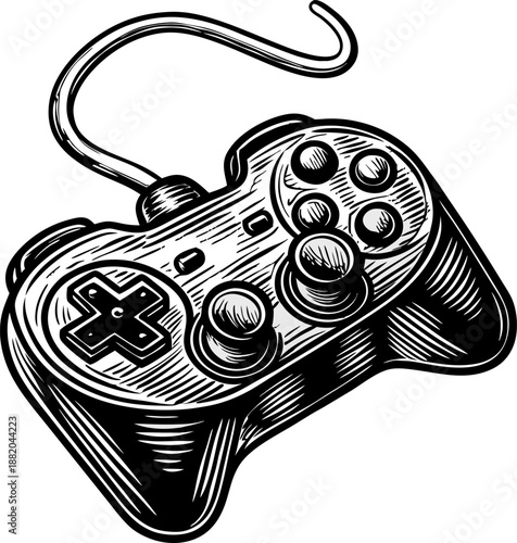 Retro wired game controller with dual joysticks and buttons, classic video gaming accessory illustration