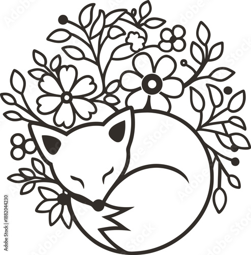 Sleeping fox curled up surrounded by flowers and leafy branches floral nature illustration