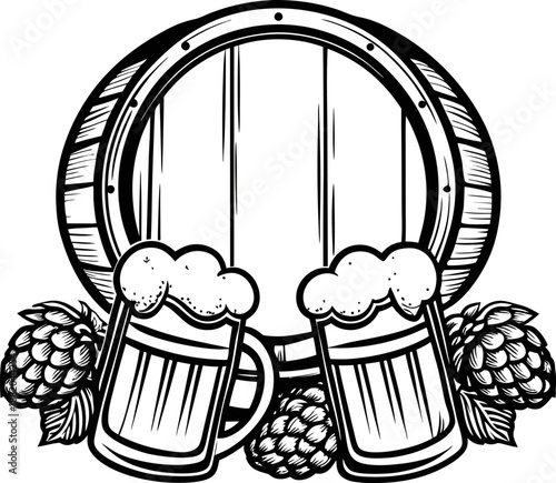 Beer mugs with foam clinking together in front of wooden barrel and hop cones celebration, brewery, craft beer concept