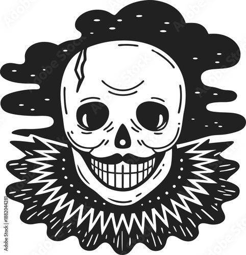 Grinning skull with cracked forehead and ruffled collar, spooky horror gothic design with dark shadow background