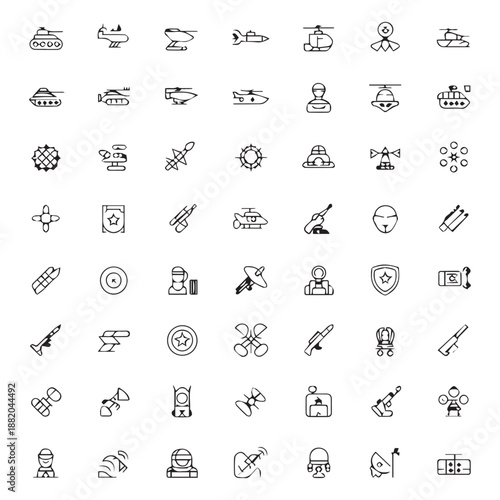 Collection of military vehicles weapons and equipment line icons in black and white