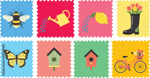Spring garden postage stamp collection with colorful honey bee, watering can, lemons, tulips in boots, butterfly, birdhouse, and bicycle vector illustration set,