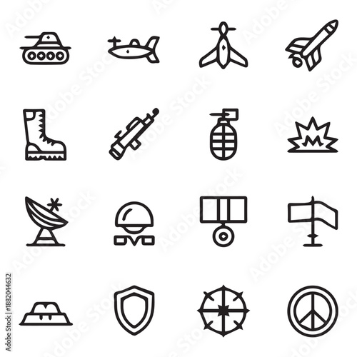 Collection of various simple black line icons representing transportation and objects
