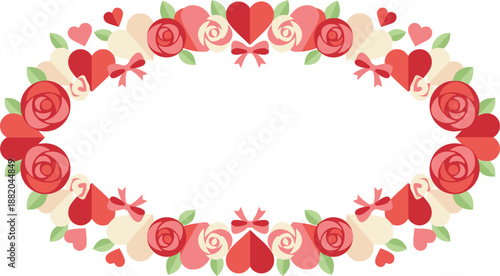 Beautiful Valentine's Day floral frame with roses and hearts, perfect for cards and decorations