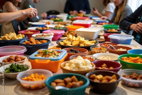 A potluck dinner where a table is overflowing with mismatched tupperware containers and diverse dishes.