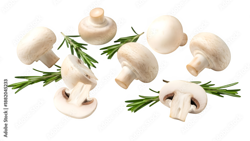 Fototapeta premium White champignon mushrooms with rosemary, isolated on white or transparent background, ideal for cooking, gourmet cuisine, and fresh ingredient concepts. PNG