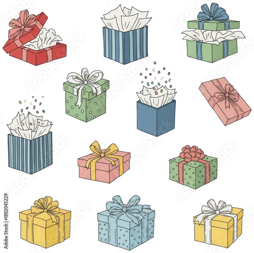 Red Gift png Green Present cutout Blue Box png Yellow Package cutout Pink Wrapped png Striped Giftbox cutout Doodle Present png Cartoon Box cutout Open Package isolated transparent background image