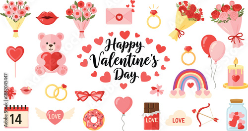Happy Valentine Day typography collection with red script lettering and hearts, romantic greeting card text stickers for february fourteen celebration and wedding decor,