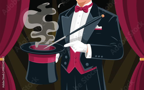 Magician performing magic trick on stage with wand and top hat in a theatrical setting