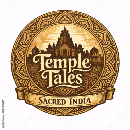 Temple Tales Sacred India golden medallion with ornate temple relief, cultural heritage emblem vector for travel, spirituality, mythology and tourism branding