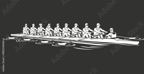Rowing team silhouette illustration of competitive athletes paddling racing boat, synchronized water sport action isolated on dark background