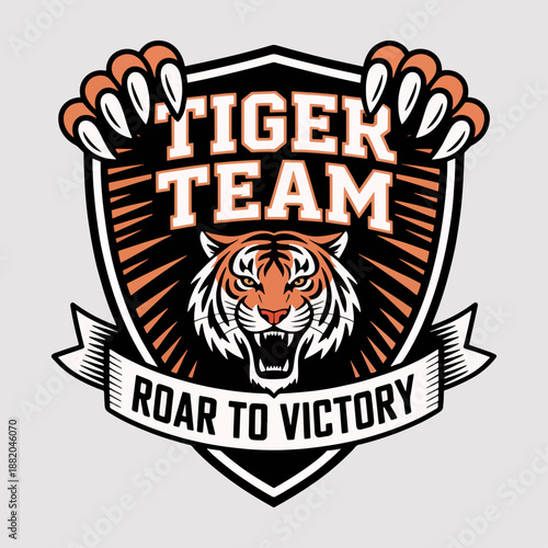 Tiger Team Roar to Victory mascot shield with claws and fierce big cat, competitive sports logo vector for squads, esports, apparel and fan merchandise
