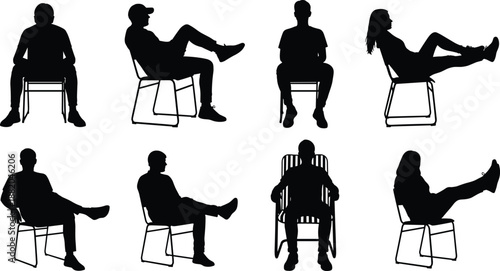 Seated people silhouette set, men women sitting chair poses, relaxed posture collection, waiting lifestyle concept, modern human figures vector