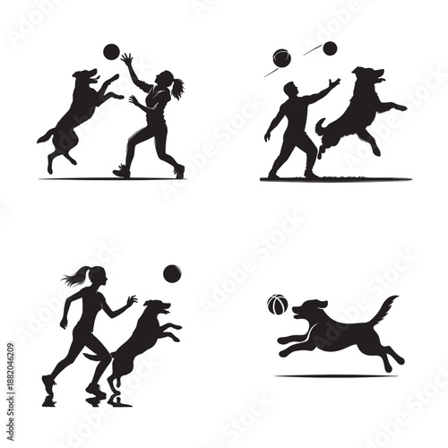 Silhouettes of people and dogs playing fetch with balls in energetic poses