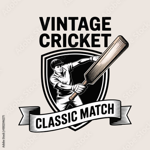 Vintage Cricket Classic Match emblem with retro batsman and banner, heritage sports badge in engraved style, nostalgic tournament vector for clubs and posters