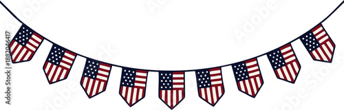Vector illustration of curved string of American flag pennants with stars and stripes, ideal for patriotic visuals, Independence Day decor, festive banners, and national celebration scenes.