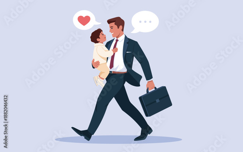 Businessman holding baby and walking to work with love and care in a professional setting