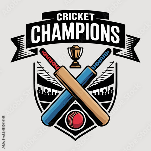 Cricket Champions trophy shield with crossed bats and ball, bold sports club emblem vector for leagues, academies, jerseys, stickers and promotional graphics