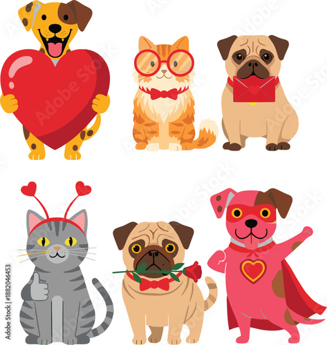 Valentine Day pets collection with cute dogs and cats, puppy holding heart, kitten with glasses, pug with rose, and funny animal superhero characters,