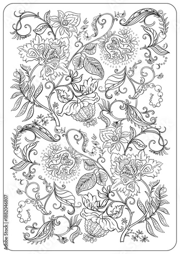 Floral coloring pages with paisley motifs, blooming flowers, leaves, curls and buds. Hand drawn vector line art, black and white monochrome illustration for adult and kids coloring.