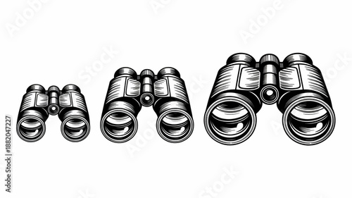 Set of Three Professional Optical Binoculars in Minimalist Line Art Style.