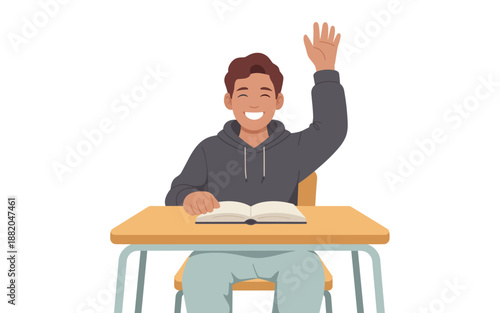 A young student sitting at a desk with a raised hand and an open book in a classroom setting from a front viewpoint