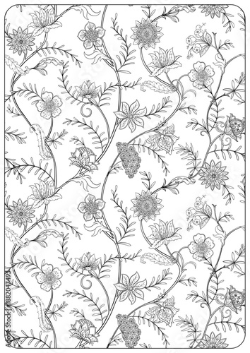 Floral coloring pages with paisley motifs, blooming flowers, leaves, curls and buds. Hand drawn vector line art, black and white monochrome illustration for adult and kids coloring.
